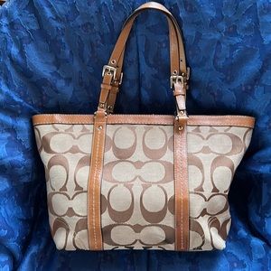 Brown & Tan COACH Signature Jacquard Tote with Leather Straps & Detail